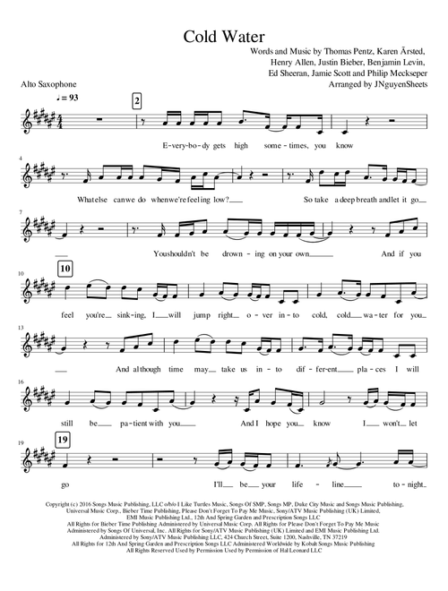 Cold Water (Arr. JNguyenSheets) - Major Lazer Feat. Justin Bieber And Mo (Alto Sax Solo)