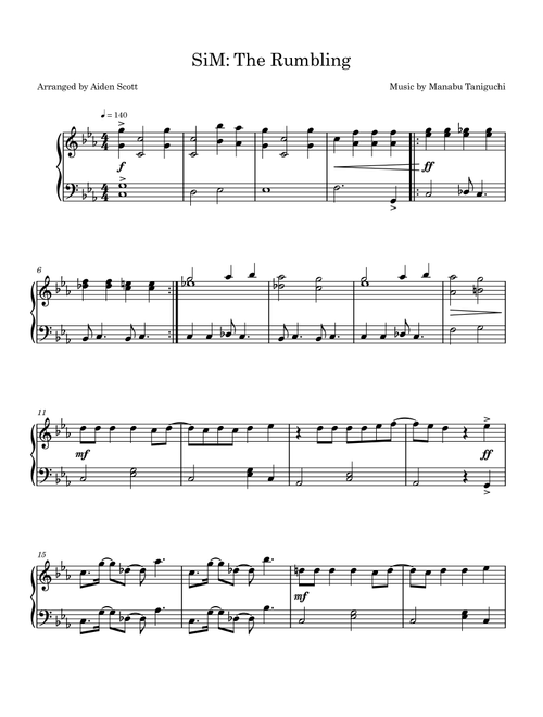 The Rumbling (Arr. Aiden Scott) - Manabu Taniguchi, SiM (Easy Piano)