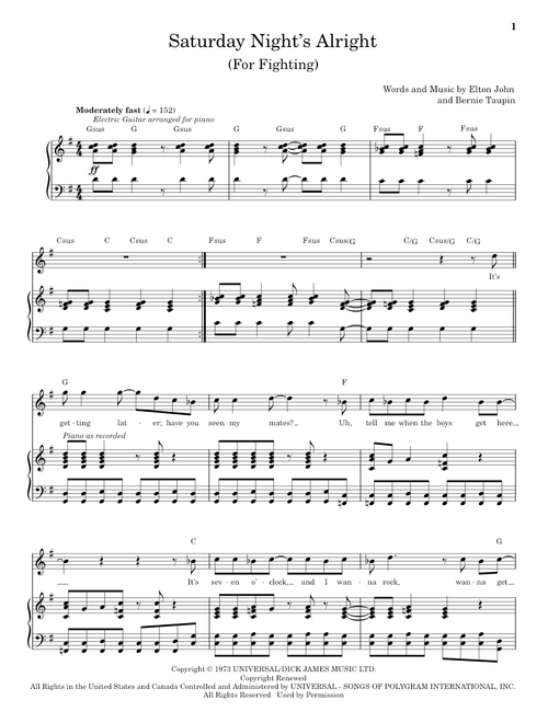 Saturday Night's Alright (For Fighting) - Elton John (Keyboard Transcription)