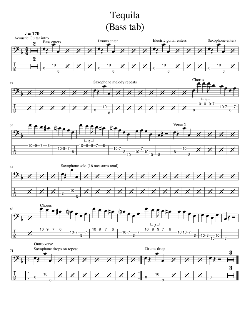 Tequila by The Champs (Bass tab) Sheet music for Bass guitar (Solo