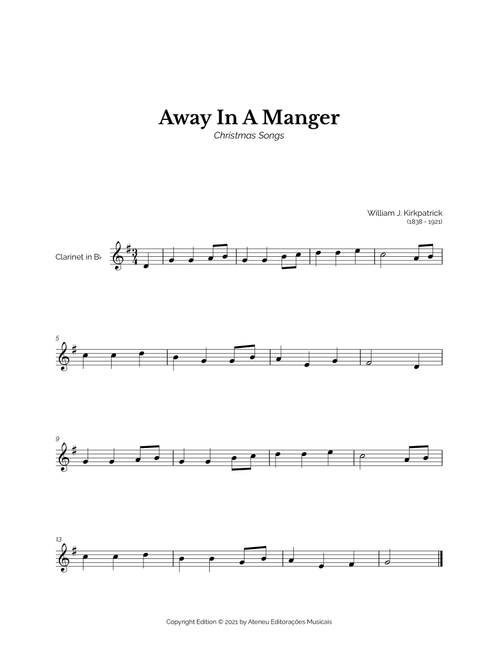 Away In A Manger for Easy Clarinet Solo (Arr. Marcos Soares) - William J. Kirkpatrick (Clarinet Solo)