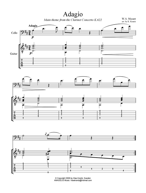 Adagio from the clarinet concerto (theme) for cello and easy guitar (TAB) (Arr. K. Krantz) - W.A. Mozart (Instrumental Duet and Piano)