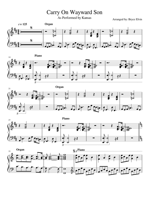 Carry On Wayward Son Piano/Organ Only (Isolated)
