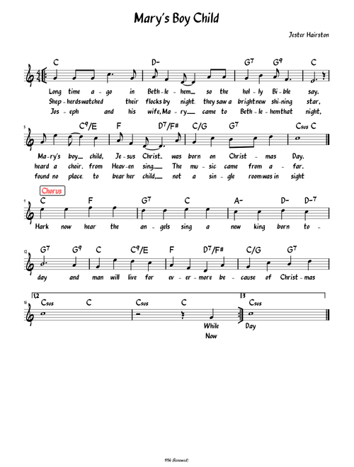 Mary's Boy Child (Lead sheet with lyrics )