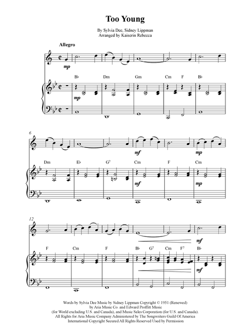 Too Young (Arr. Kaiserin Rebecca) - Sylvia Dee, Sidney Lippman (Soprano Sax and Piano)