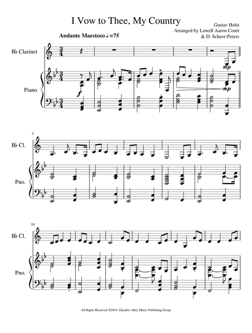 I Vow to Thee My Country for B♭ Clarinet and Piano Accompaniment