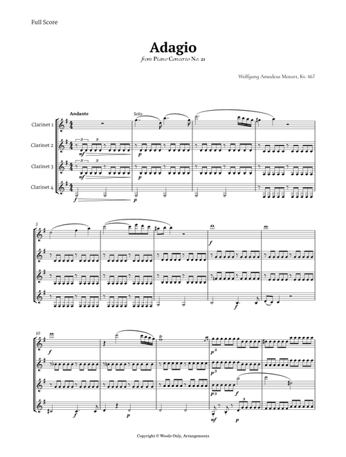 Andante from Piano Concerto No. 21 by Mozart for Clarinet Quartet (Arr. Ander) (Woodwind Ensemble)