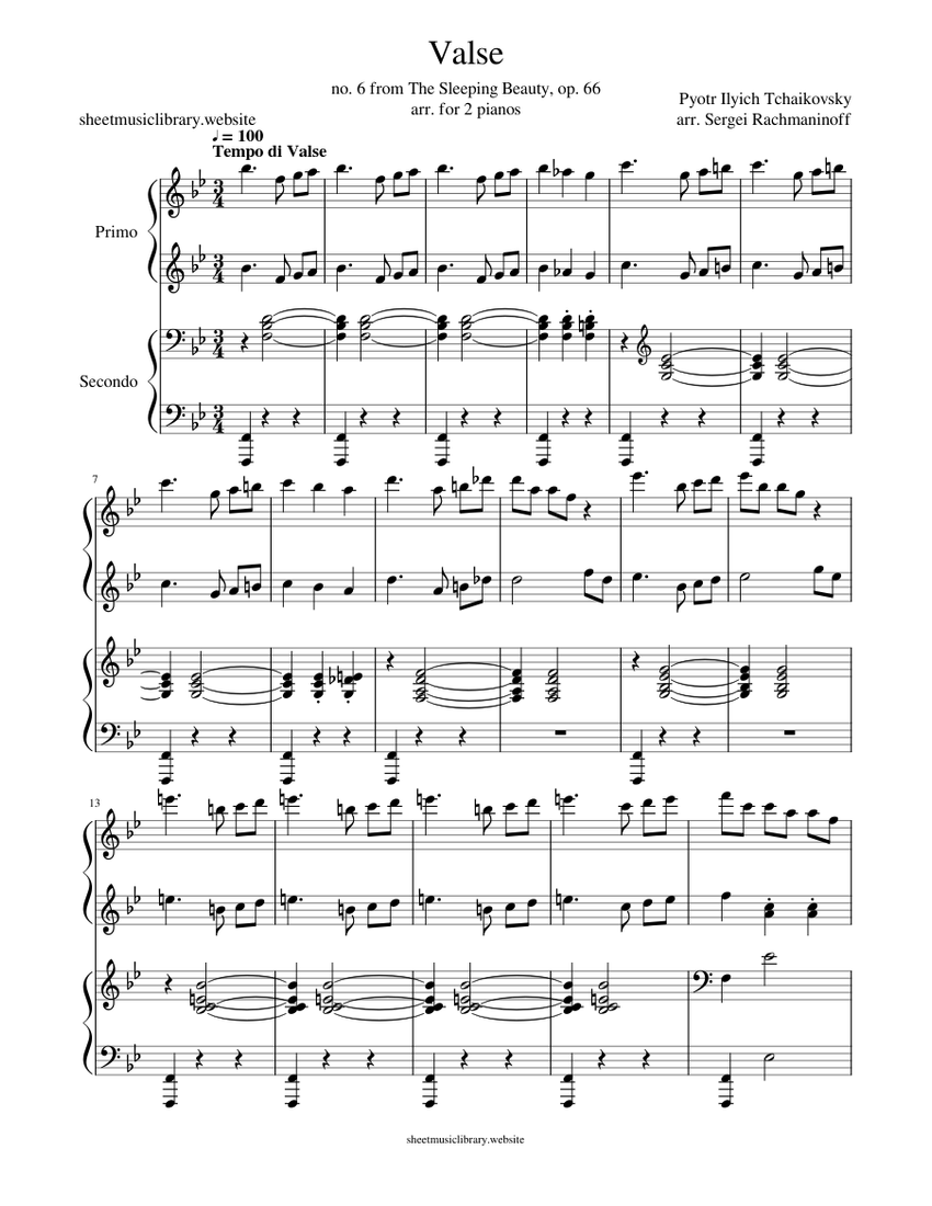 Tchaikovsky Waltz From The Sleeping Beauty Suite Rachmaninoff Four Hands Sheet Music For Piano 