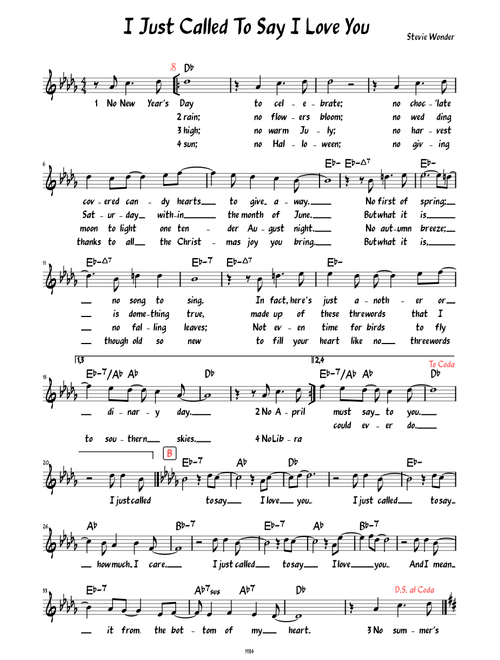 I Just Called To Say I Love You (Lead sheet with lyrics )