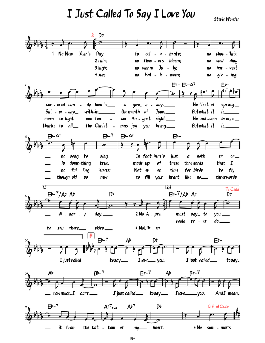 I Just Called To Say I Love You (Lead sheet with lyrics ) Sheet music