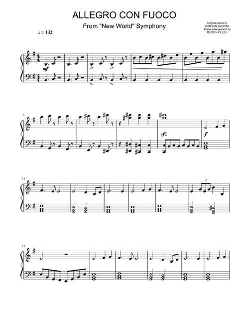Dvorak - Allegro con fuoco, From the New World Symphony (easy piano sheet) (Arr. Music-holley) - Antonin Dvorak (Small Ensemble)