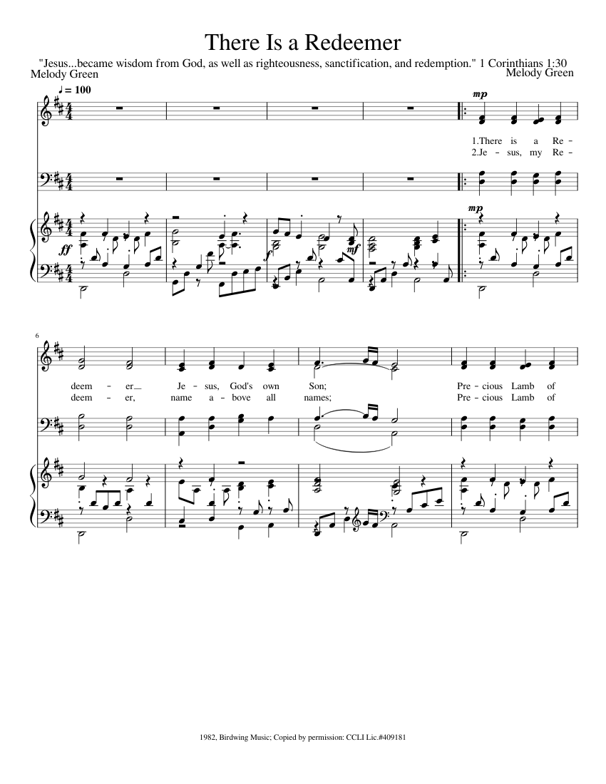 There Is a Redeemer Sheet Music for Piano, Soprano, Bass voice (Mixed ...