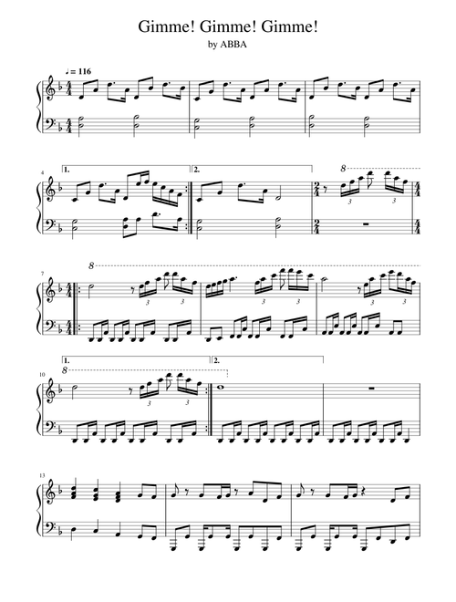 ABBA - Gimme! Gimme! Gimme! - Piano Sheet Music