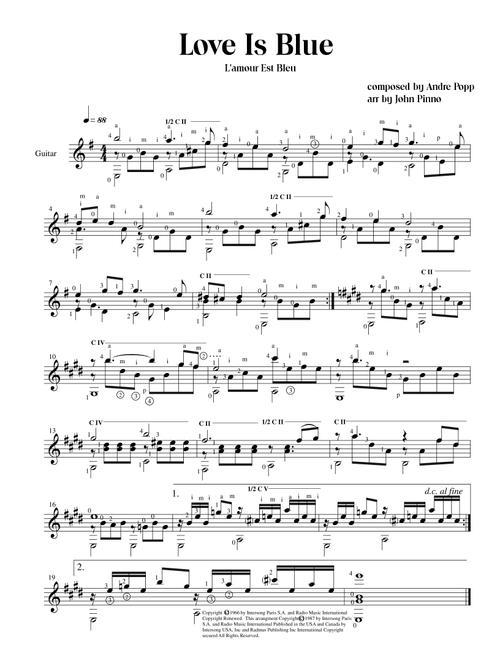 Love Is Blue (l'amour Est Bleu) (Arr. John Pinno) - Paul Mauriat (Solo Guitar)