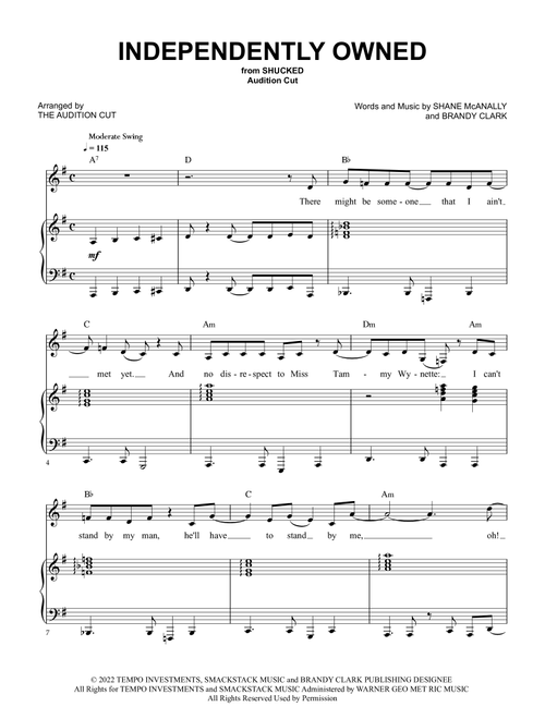 Independently Owned (Arr. The Audition Cut - from Shucked) - Brandy Clark, Shane McAnally (Piano Vocal)