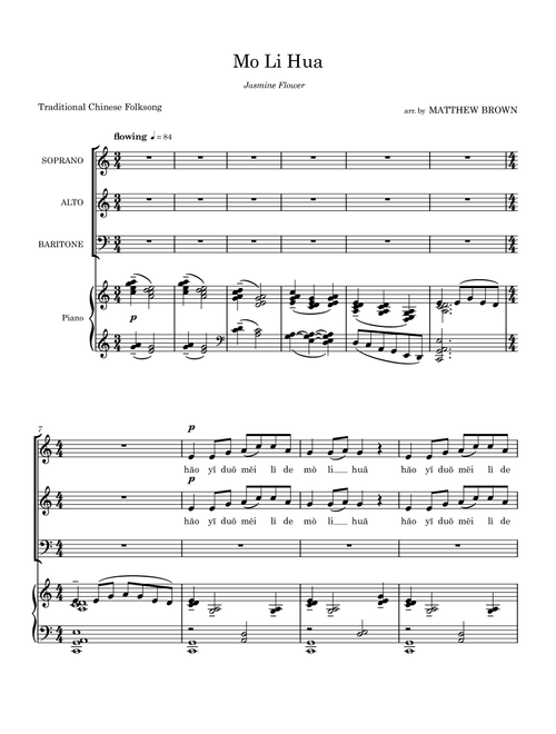 Mo Li Hua ("Jasmine Flower") (Arr. Matthew Brown) - Traditional Chinese Folksong (Choral, SAB)