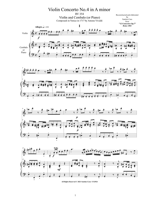 Vivaldi - Violin Concerto No.4 in A minor RV 354 Op.7 for Violin and Cembalo (or Piano) (Arr. Santino Cara) - Vivaldi Antonio (Instrumental Duet and Piano)