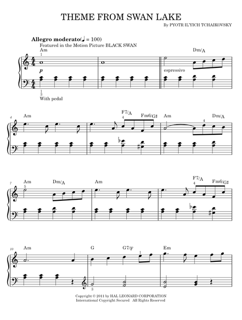 Swan Lake, Op. 20 (Theme) - Black Swan Movie, Pyotr Il'yich Tchaikovsky (Easy Piano)