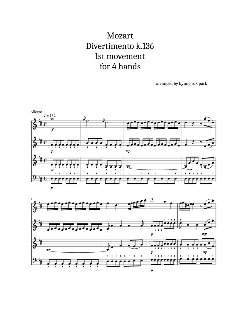 Mozart Divertimento k.136 1st movement for 4 hands Sheet Music for