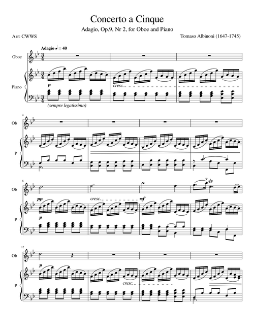 Adagio, Oboe Concerto Op9, No.2, (Concerto A Cinque) - T Albinoni