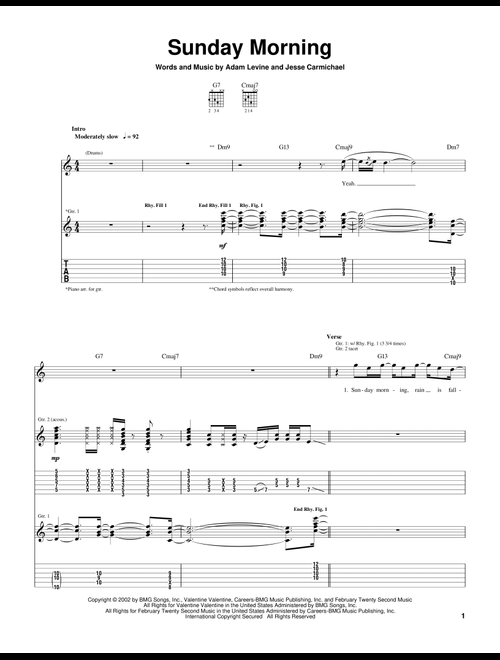 Sunday Morning - Maroon 5 (Guitar Tab)