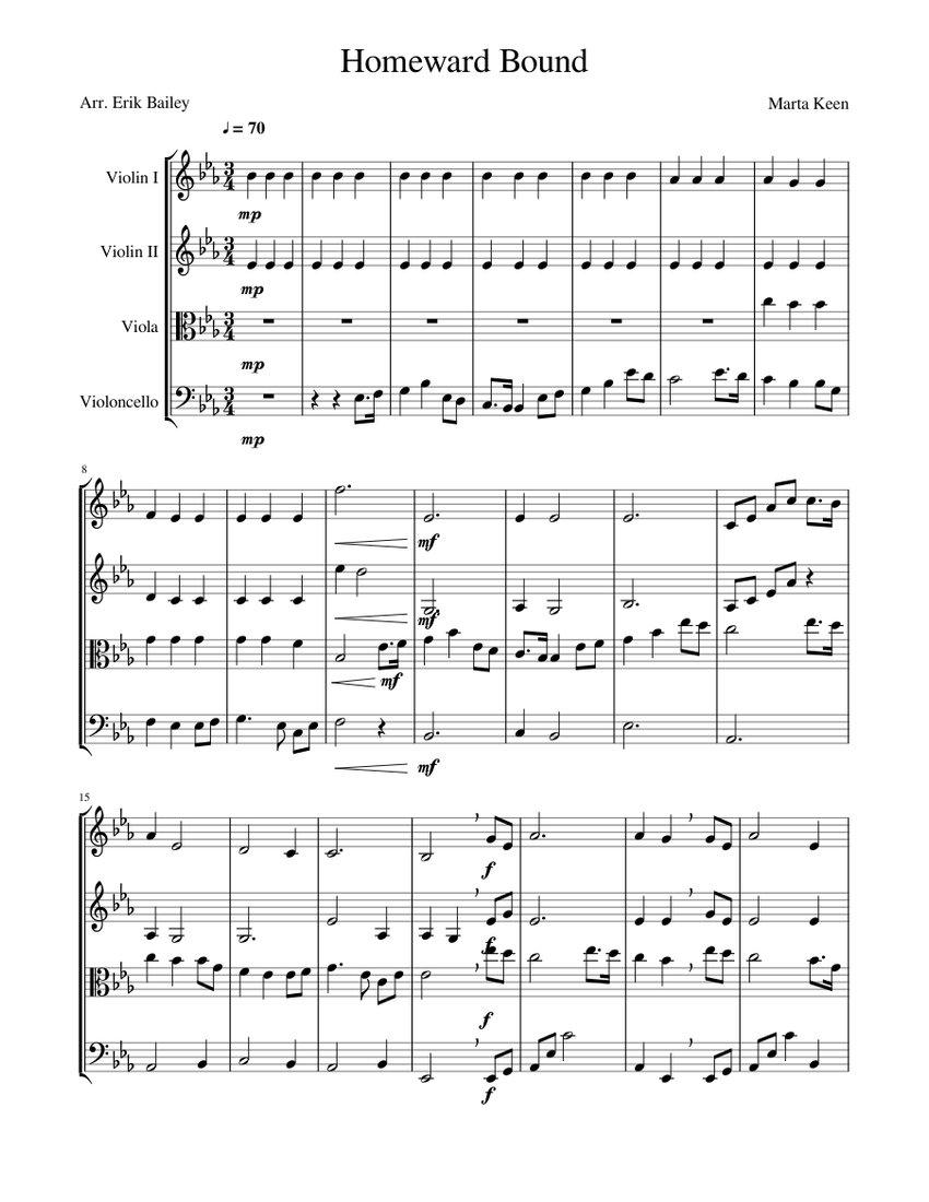 Homeward Bound for String Quartet Sheet music for Violin, Viola, Cello (String Quartet