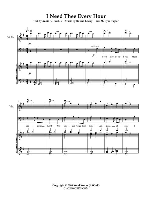 I Need Thee Every Hour : SATB Choir, Piano and Violin (Arr. M. Ryan Taylor) - Robert Lowry (Choral, SATB)