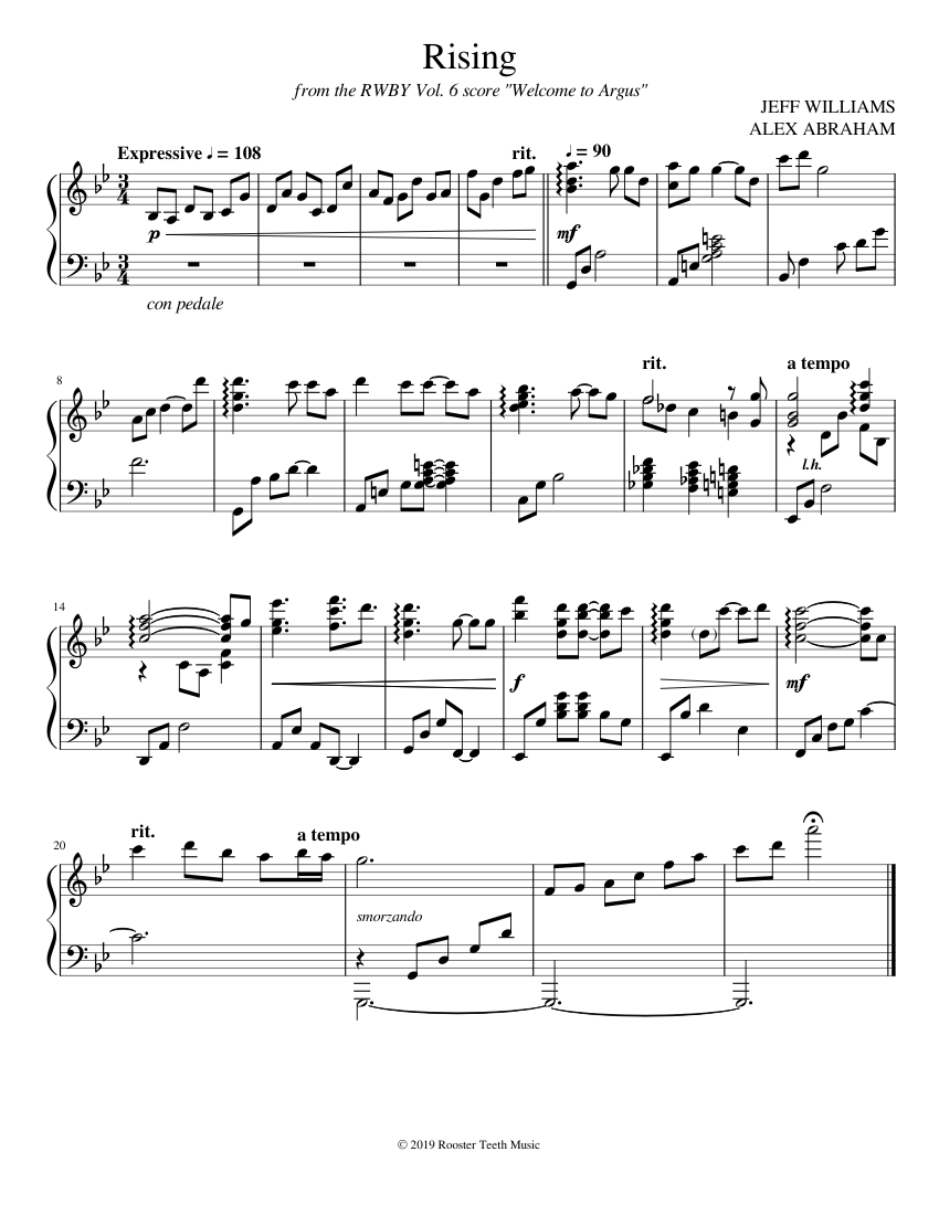 RWBY - Rising (Volume 6 - Welcome to Argus BGM) Sheet Music for