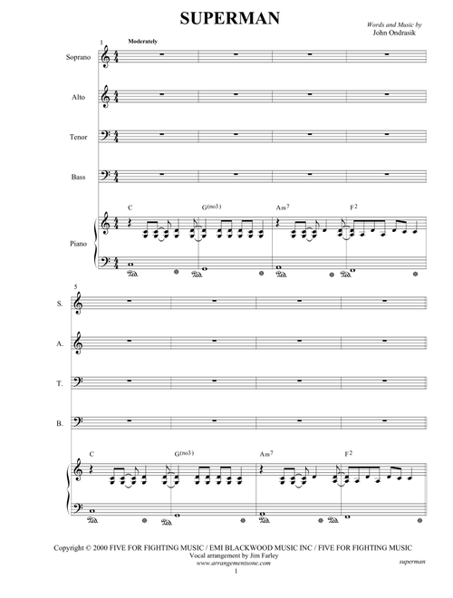 Superman (Arr. Jim Farley www.arrangementsone.com) - Five For Fighting (Choral, SATB)