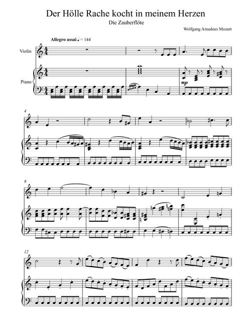 W.A Mozart - Der Hölle Rache kocht in meinem Herzen (Die Zauberflöte) Violin Solo (Arr. André Laitano) - Wolfgang Amadeus Mozart (Violin and Piano)