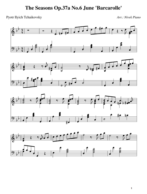 The Seasons Op.37a No.6 June 'Barcarolle' - Pyotr Ilyich Tchaikovsky (Arr. Nivek Piano) (Piano Solo)