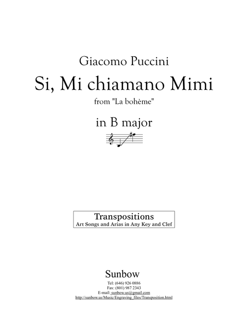 Puccini: Si, Mi chiamano Mimi (Transposed to B Major) (Arr. Sunbow) - Giacomo Puccini (Piano Vocal)