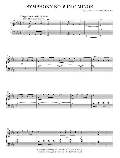 Symphony No. 5 in C Minor, First Movement Excerpt - Ludwig van Beethoven (Piano Solo)