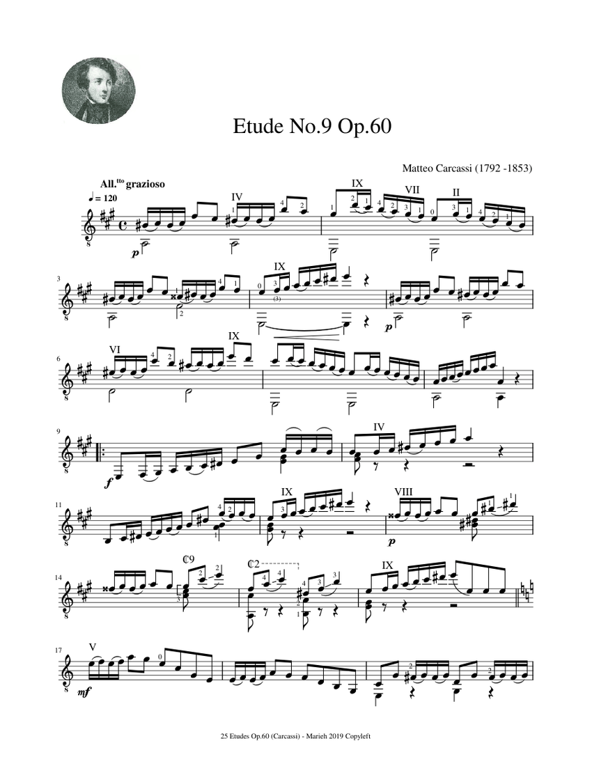 Etude No.9 Op.60 - Matteo Carcassi (1792 - 1853) Sheet Music for