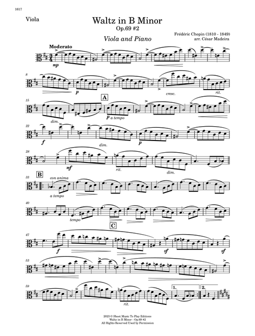 Waltz Op.69 No.2 in B Minor by Chopin - Viola and Piano (Individual Parts) (Arr. César Madeira) - Frederic Chopin (Viola and Piano)
