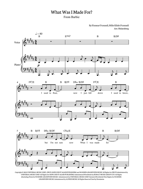 What Was I Made For? (Arr. Heisenberg) - Billie Eilish (Piano-Vocal-Guitar (Piano Accompaniment))