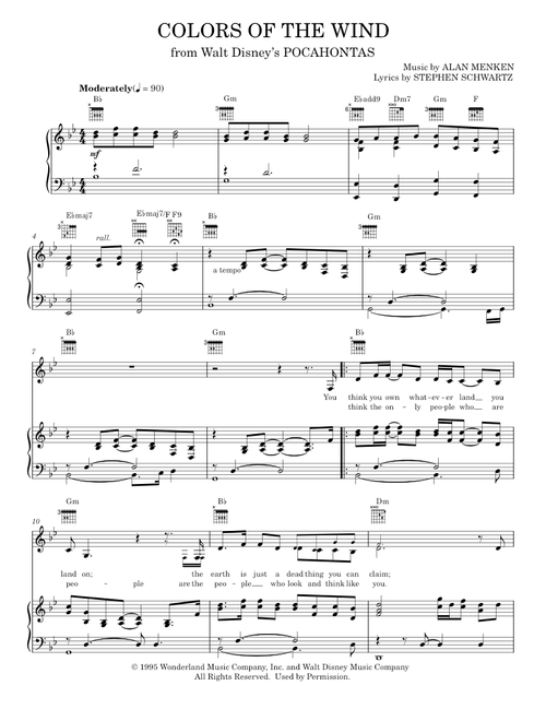 Colors Of The Wind (from Pocahontas) - Vanessa Williams (Piano-Vocal-Guitar)