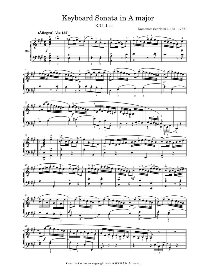 Keyboard Sonata in A major, K.74, L.94 - Domenico Scarlatti Sheet