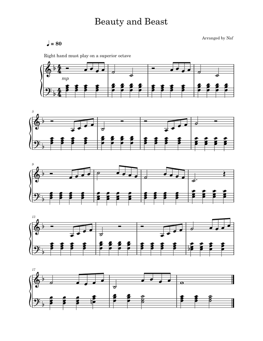 Beauty and the Beast (easy) Sheet Music for Piano (Solo