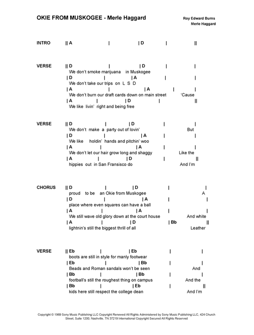 Okie From Muskogee (Arr. Bronson Ferdinand Wright) - Merle Haggard (Guitar Chords-Lyrics)
