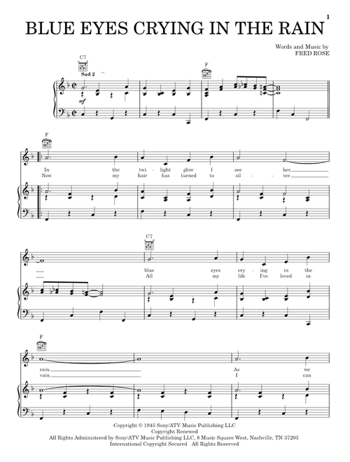 Blue Eyes Crying In The Rain - Willie Nelson, Elvis Presley (Piano-Vocal-Guitar)