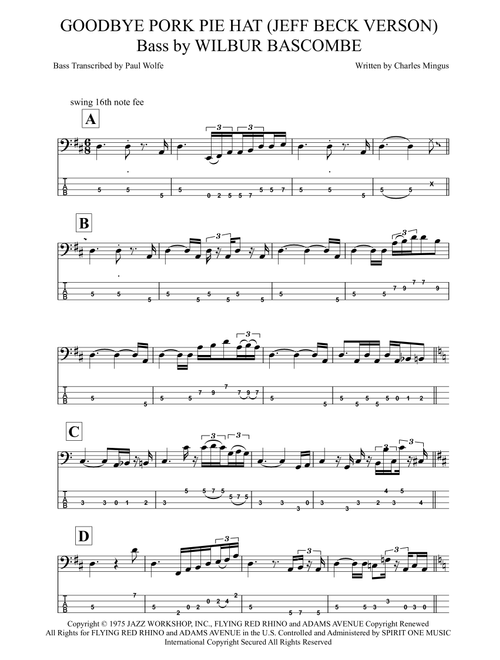 Goodbye Pork Pie Hat (Arr. Paul Wolfe/How To Play Bass Dot Com) - Charles Mingus (Bass Tab)