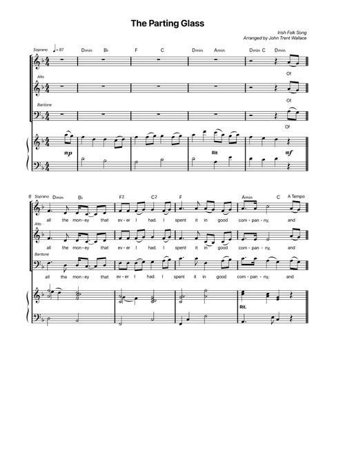 The Parting Glass (Arr. John Trent Wallace) - Traditional Irish Folk Song (Choral, SAB)