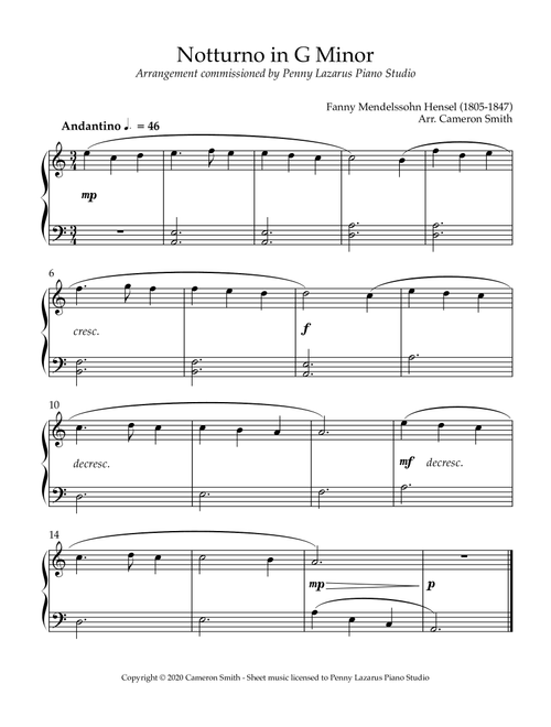 Notturno in G Minor - Level 2 piano arrangement (Arr. Cameron Smith) - Fanny Mendelssohn Hensel (1805-1847) (Easy Piano)