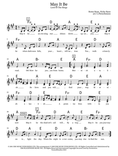 May It Be (Chantage Version) (Arr. Christoph Fleischmann) (Lead Sheet - Fake Book)