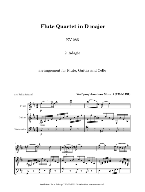 Flute Quartet in D major - 2. Adagio - KV 285 - W. A. Mozart - arr. for Flute, Guitar and Cello