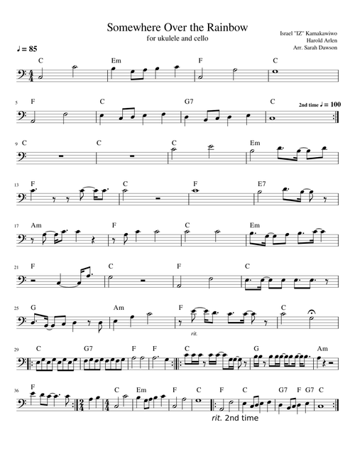 Somewhere Over the Rainbow for Ukulele and Cello