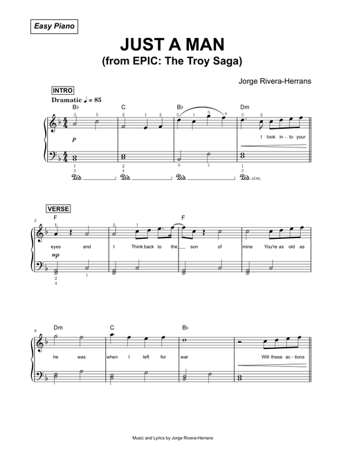 Just a Man (from EPIC: The Troy Saga) - Jorge Rivera-Herrans (Easy Piano)