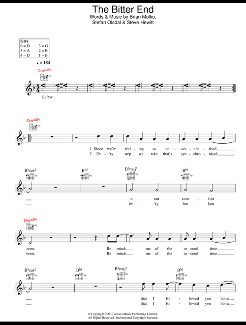 The Bitter End - Placebo (Lead Sheet - Fake Book)
