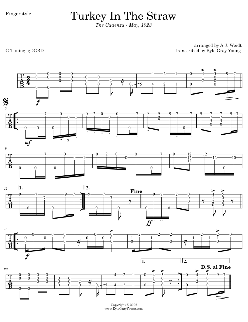 Turkey In The Straw Albert John Weidt (5string banjo tabs, 1923) Sheet music for Banjo (Solo